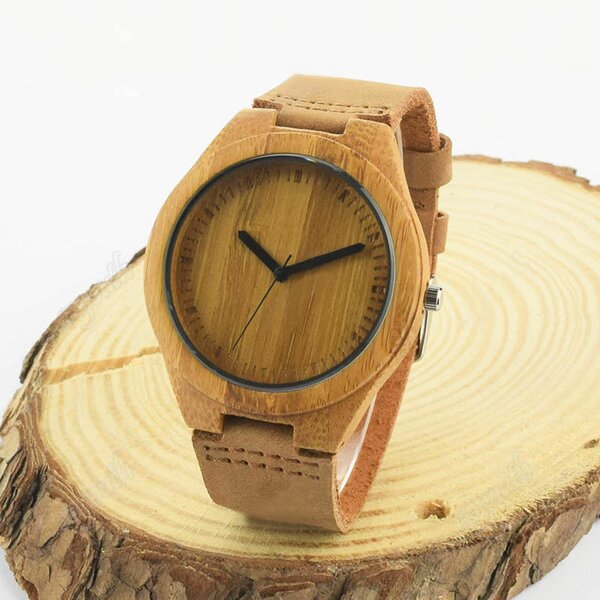 Armbanduhr Bambus Holz WOOD mit Echt Leder Armband