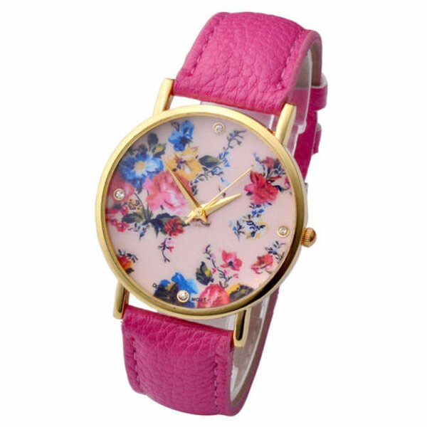 Damen Armbanduhr vintage Rosen mit Zirkonia Gelbgold PU Leder pink
