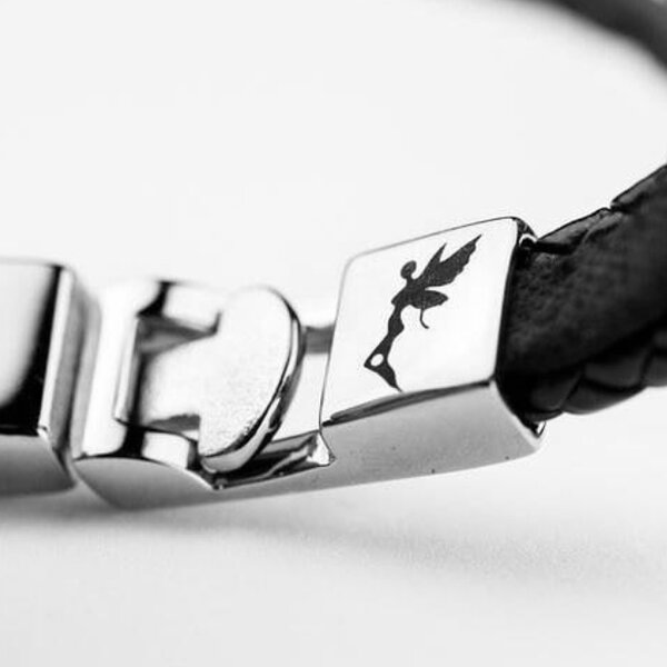 Armband  Edelstahl Engelsflgel Echt Leder schwarz  im Organza Beutel 16 cm Lnge