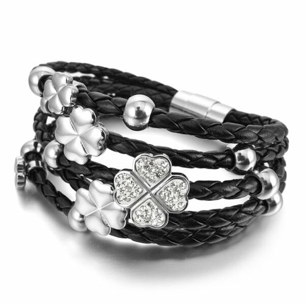 ECHT Lederarmband Glcksklee & Edelstahl Perlen mit Strass schwarz   15 cm Lnge