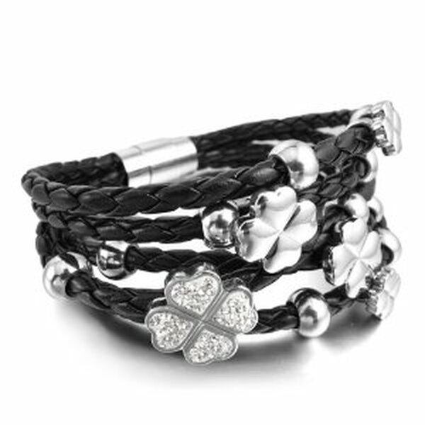 ECHT Lederarmband Glcksklee & Edelstahl Perlen mit Strass schwarz   15 cm Lnge