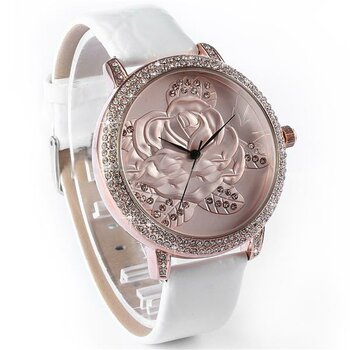 Damen Armbanduhr 3D Rose mit Zirkonias  Rosegold wei