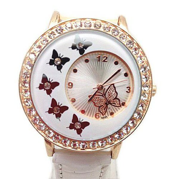 Damen Armbanduhr 3D Schmetterling mit Strass  Rosegold wei
