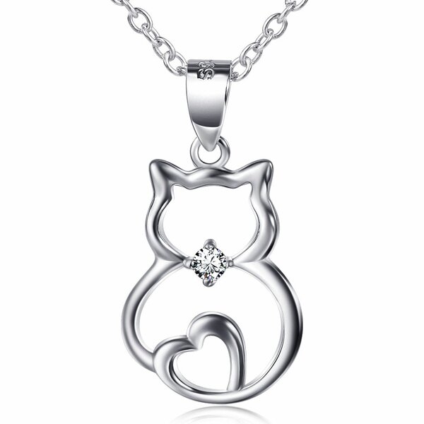 Anhnger Katze  mit Herz  925 Silber mit Zirkonia inkl. Gliederkette im Etui