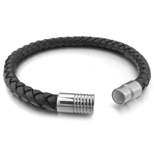 Armband ECHT LEDER geflochten schwarz 316 L Edelstahl Magnet Verschluss Lnge 21,5 cm