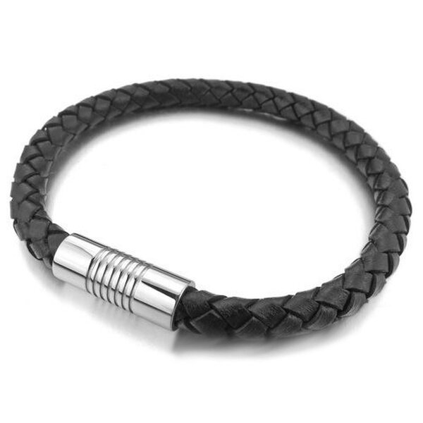 Armband ECHT LEDER geflochten schwarz  316 L Edelstahl  Magnet Verschluss Lnge 22,5 cm