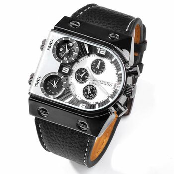 Mnner Uhr GLOBE WHITE Leder Armband schwarz mit 3 Uhrwerken