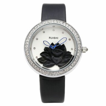 Damen Armbanduhr 3D Lotus Blte mit Zirkonien silber schwarz