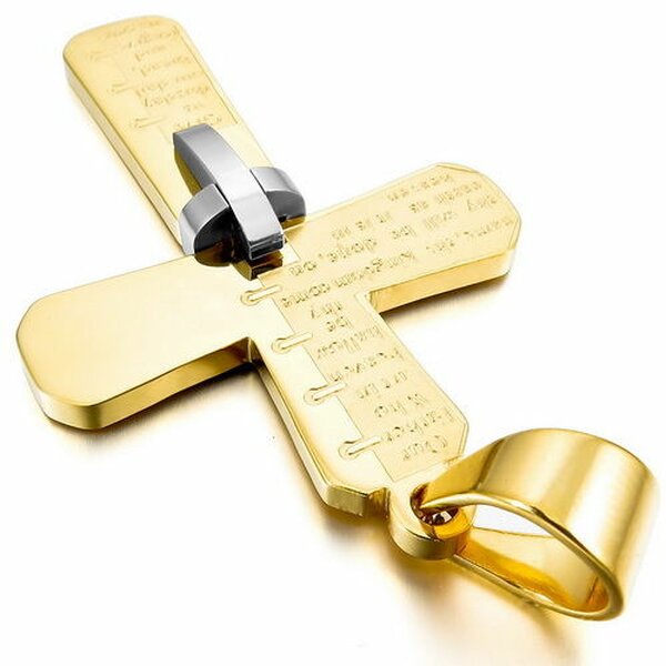 Kreuz Anhnger Bibeltext 3D silber/gold aus 316 L Edelstahl inkl. Kette im Etui GRAVUR OPTION