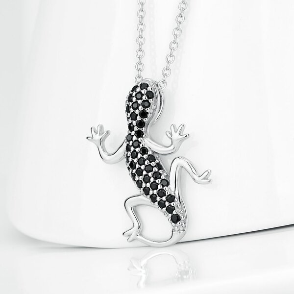 Anhnger Gecko aus 925 Silber rhodiniert mit Zirkonien schwarz pave  inkl. Kette im Etui