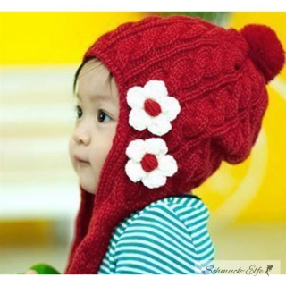 Strick  Kinder Mütze / Beanie / Schweden Mütze  rot weiß mit Blüten