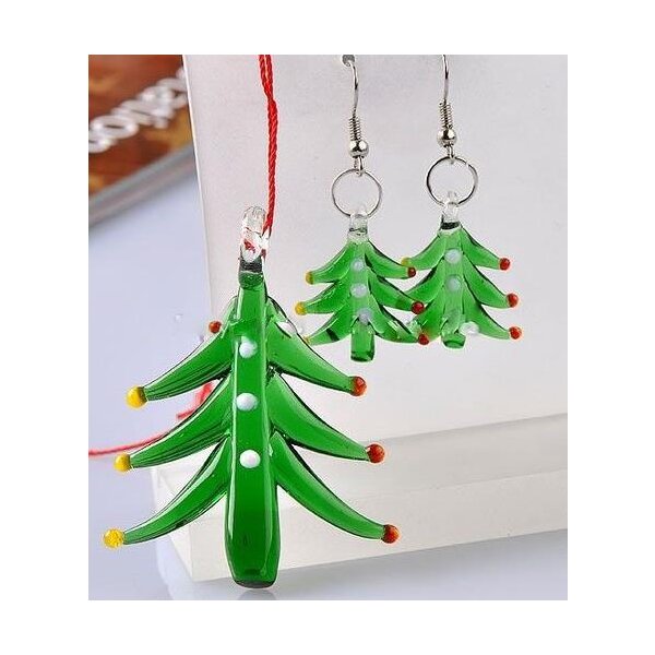 Schmuck Set Lampwork Glas Anhänger inkl. Kette & Ohr Hänger Weihnachtsbaum