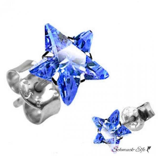 1 Paar Ohr Stecker Zirkonia Stern  blau  925  Silber  im Organza Beutel