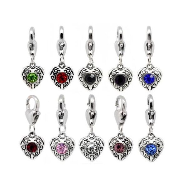 Dangle Bead Herz mit Strass  Tibet Silber - freie Farbwahl -