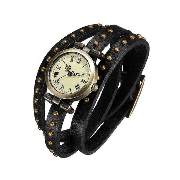 Wickel Leder Armbanduhr NIETEN schwarz im Organza Beutel