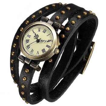 Wickel Leder Armbanduhr NIETEN schwarz im Organza Beutel
