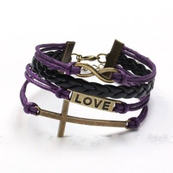 Armband Kreuz & Love schwarz lila im Organza Beutel