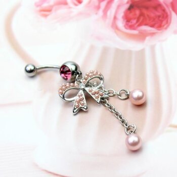 Bauchnabel Piercing rosa Perle mit Schleife 316 L...