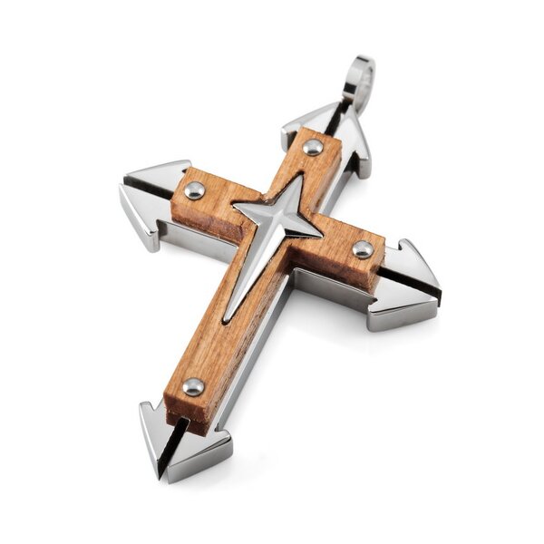 Kreuz Anhänger WOOD  316 L   EDELSTAHL inkl. Kette im Etui GRAVUR OPTION