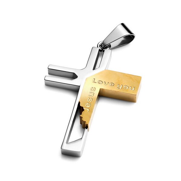 Kreuz Anhänger LOVE YOU JESUS EDELSTAHL  mit  Kette im weißen Organza Beutel
