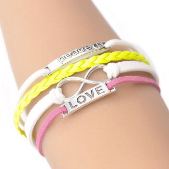 Armband LOVE & PEACE weiß pink gelb im Organza Beutel
