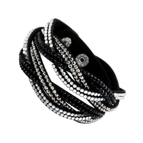 Wickel Lederarmband Strass schwarz / weiß   im Organza Beutel