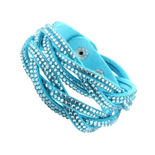 Wickel Lederarmband Strass Himmelblau im Organza Beutel