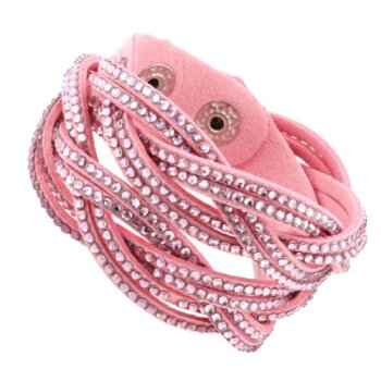 Wickel Lederarmband Strass rosa im Organza Beutel