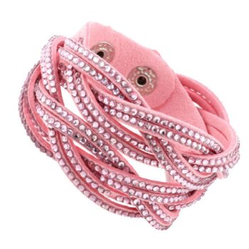 Wickel Lederarmband Strass rosa  im Organza Beutel