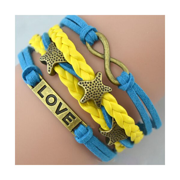 Armband Love & Sternchen gelb türkis im Organza Beutel