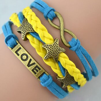 Armband Love & Sternchen gelb türkis im Organza Beutel