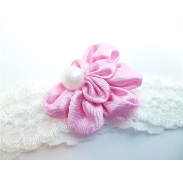 Stirnband aus elastischer Spitze in weiß mit Rosa Perlen...