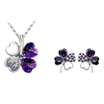 Schmuckset Kleeblatt Collier, Ohr Stecker lila Strass...