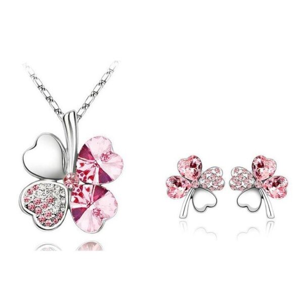 Schmuckset Kleeblatt Collier, Ohr Stecker rosa Strass vergoldet