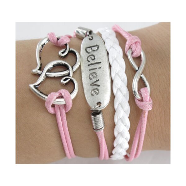Armband Believe & Herzchen rosa weiß