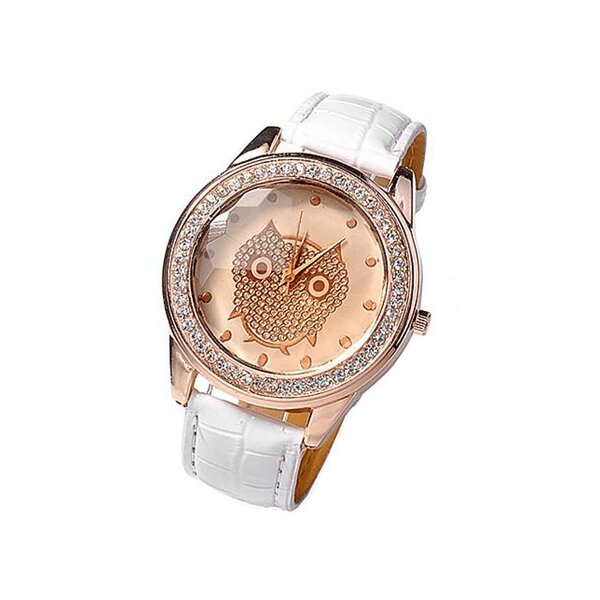 Damen Armbanduhr Strass Eule Rosegold weiß
