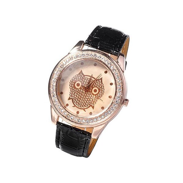 Damen Armbanduhr Strass Eule Rosegold schwarz