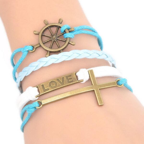 Armband Love Kreuz blau  wei    im Organza Beutel