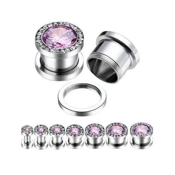 1 Expander / Plug Zirkonia rosa Strass 316 L Edelstahl...