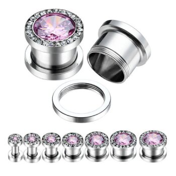 1 Expander / Plug  Zirkonia rosa Strass 316 L  Edelstahl...