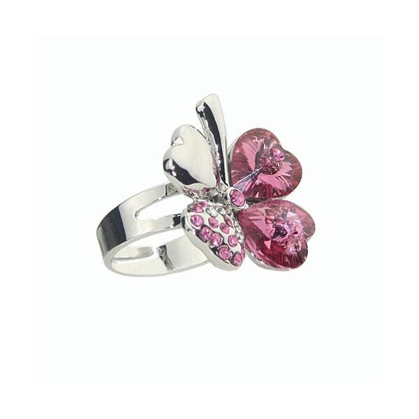 Kleeblatt Ring vergoldet mit Swarovski Elements pink im Etui