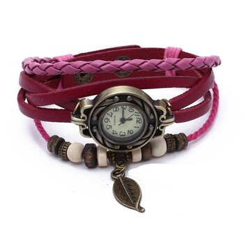 Leder Armbanduhr  Vintage Blatt  magenda Pink   im Etui