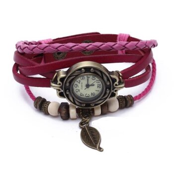 Leder Armbanduhr Vintage Blatt magenda Pink im Etui