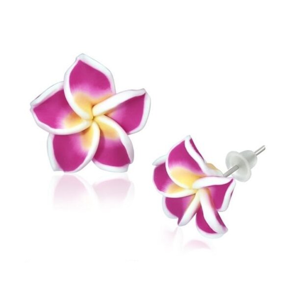 1 Paar FIMO Blüten Ohrstecker weiß pink gelb   im weißen Organza Beutel