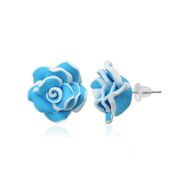1 Paar Blüten Ohrstecker ROSE XL weiß türkis  im weißen Organza Beutel