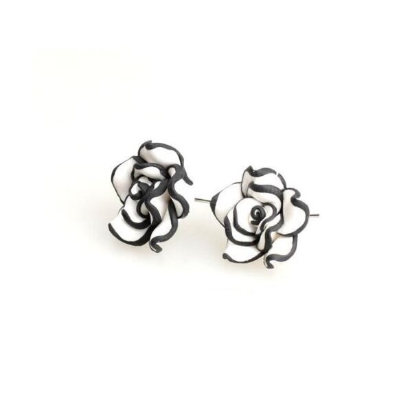1 Paar Blüten Ohrstecker ROSE XL weiß schwarz  im weißen Organza Beutel