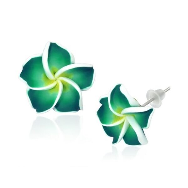 1 Paar FIMO Blüten Ohrstecker weiß petrol gelb XL  im weißen Organza Beutel