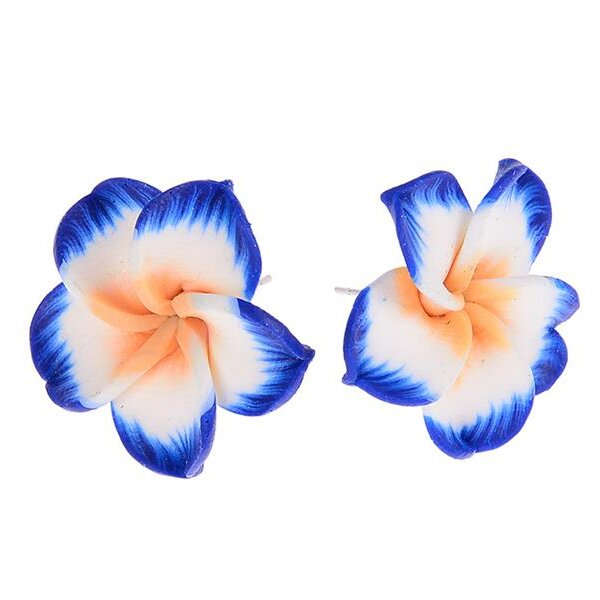 1 Paar FIMO Blüten Ohrstecker Royal blau weiß gelb XL  im Organza Beutel