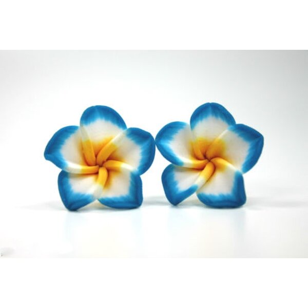 1 Paar FIMO Blüten Ohrstecker Royal blau weiß gelb XL  im Organza Beutel