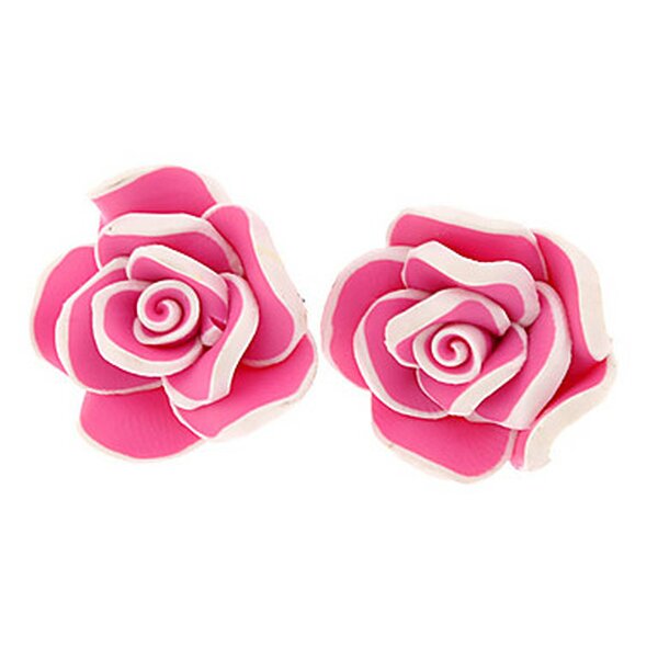 1 Paar Blüten Ohrstecker ROSE XL pink  weiß  im weißen Organza Beutel
